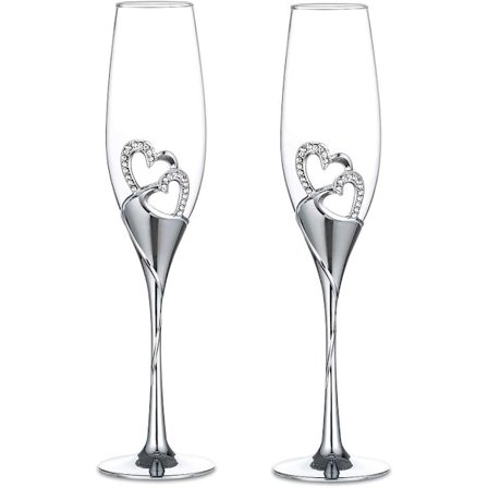 Bryllups Champagneglass Sett Sølv Toasting Fløyteglass 2-pakning med Rhinestone-kantet Hjertepynt, Sølv