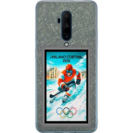 Kompatibel Mobilcover til OnePlus 7T Pro Curling illustration med spillere og sten på isen, Milano Cortina 2026, snedækkede stænk og olympiske ring
