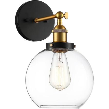 1-lys Globe Vegglampe Svart og Gull Antikk Messing 8 Rund Klar Glass Svingarm Moderne Vintage Industriell Bad Sconce Vanity Lysarmatur Inn