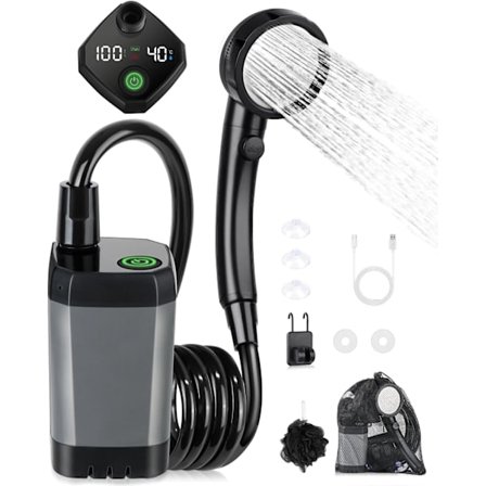 Camping Shower Kit, Bærbart Brusebad, Genopladelig Elektrisk Brusepumpe, Vandtæt, med Smart Display og 4 Modes Brusehoved til Udendørs Brug, Camping