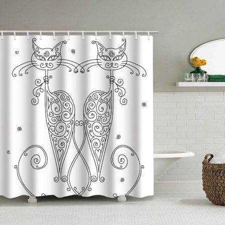 Cartoon Cat Duschdraperi, med 12 plastkrokar-E