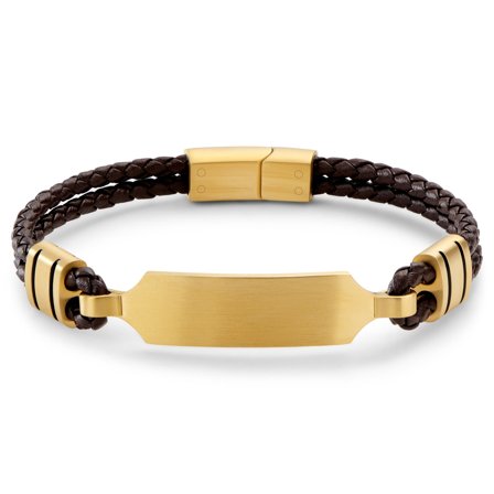 Nomen | Brown Leather and Gold-tone ID Plate Bracelet for Men - Leather bracelets