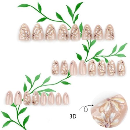24 stk. 3D Blomster Tryk-på Negle til DIY Manicure Glansfuld Gul Blomst Akryl Medium Mandel Falske Negle Gel Lim på Negle Perler Falske Negle