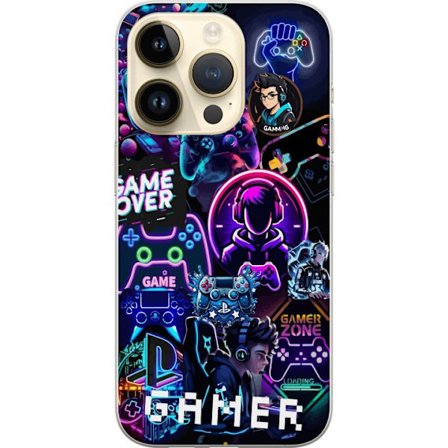 Kompatibel Mobilcover til Apple iPhone 15 Pro Neon Gamer Collage med Konsoller Headset og Gaming Vibes
