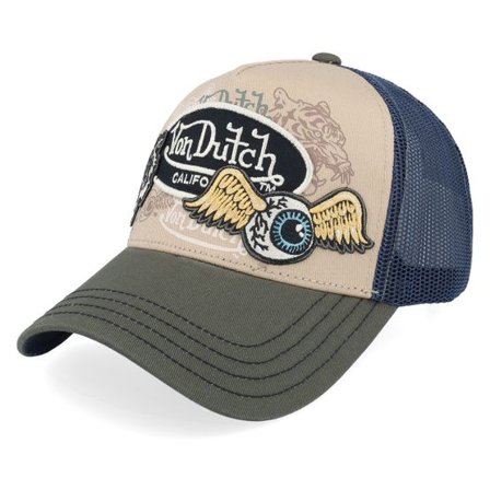 Von Dutch - Beige trucker Keps - Multi Patches Navy/Brown/Dark Green A-Frame Trucker @ Hatstore