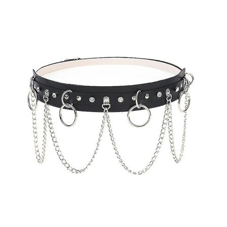 Kvinders Punk Bælte Med Metal Kæde Slank PU Læder Nitet Besat Rock Talje Bælte Til Kjole Jeans 1stk Sort