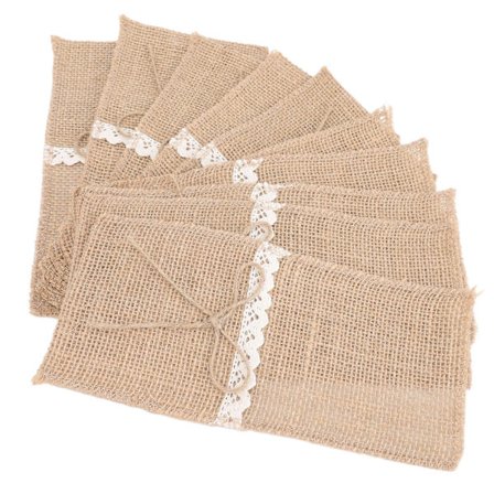 Juuttikangas-astioiden pidikkeet - 20 kpl pitsiä leikkaavia aterinpusseja retromaiseen maalaishäähin, syntymäpäiviin ja vastaanottoihin