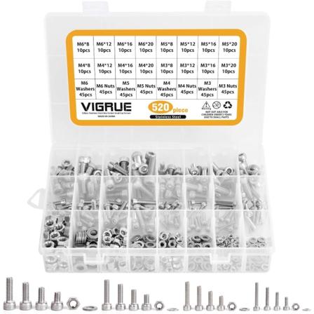 Sett med 520 stk M3 M4 M5 M6 Skruer i Rustfritt Stål med Innvendig Torx-Hode, Kabelskruer med Muttere