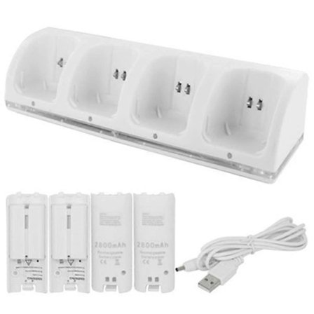 (Pow Yeah!) Vit Wii Remote Laddare, 4-i-1 Wii Laddningsstation med 4 st 2800mAh Uppladdningsbara Batterier för Wii/Wii U Kontroller - Svart
