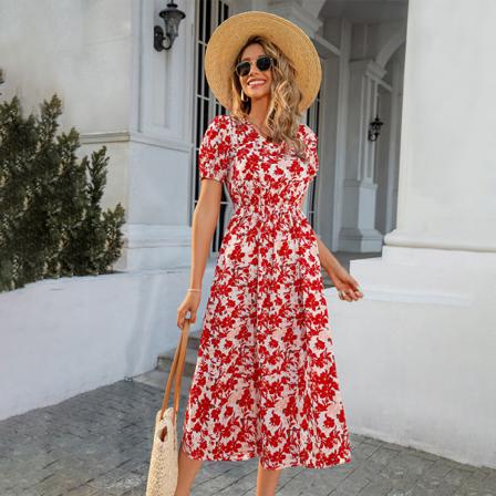 Sommar Boho Blommigt Print Midiklänning Kvinnor Rygglösa Spetsar