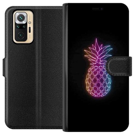 Kompatibel Tegnebogsetui til Xiaomi Xiaomi Redmi Note 10 Pro Neon illustration af ananas i farverigt lys mod sort baggrund