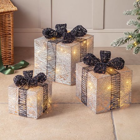 Set med 3 glittrande bomulls Light Up Julpaket Silver