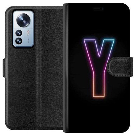 Kompatibelt Lommeboketui til Xiaomi Xiaomi 12 Pro Minimalistisk neonbokstav Y i fargeskiftende lys mot svart bakgrunn