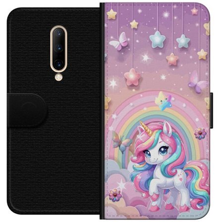 Kompatibelt Lommeboketui til OnePlus 7 Pro Magisk enhjørning med regnbue manke, stjerner og sommerfugler mot en pastellhimmel med skyer