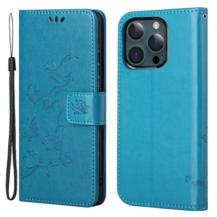 Perhoskuvioitu nahkakotelo iPhone 13 Pro Max - sininen