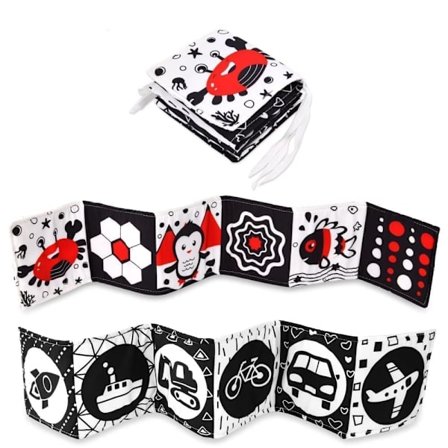 Lollanda Aktivitetsleksak – Svartvit tygbok för baby, lärande leksak, sensorisk leksaksbok, mjuk barnbok för spädbarn