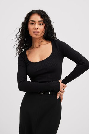 NA-KD Basic Scoop Neck Ribbed Top - Basic toppe - Sort - S