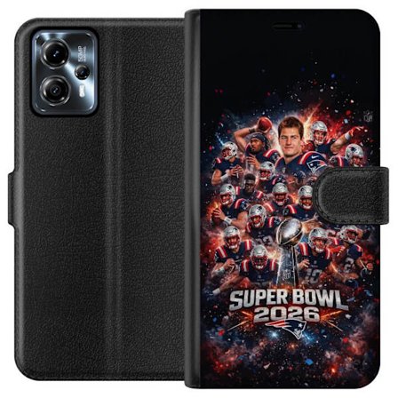 Yhteensopiva Lompakkokotelo Motorola Moto G13 Super Bowl 2026 juliste, jossa New England Patriots ja NFL-mestaruuspalkinto räjähtävän urheilullisessa