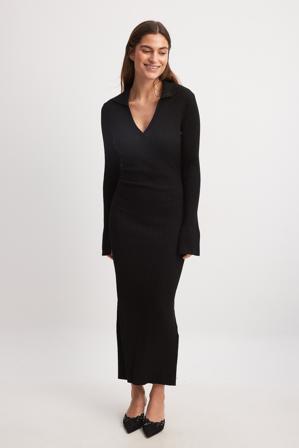 NA-KD Robe en maille côtelée à manches trompette - Robes maxi à manches longues - Noir - XX-Small