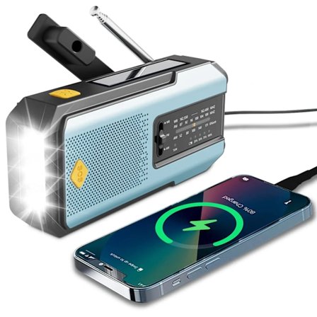 Hätäkäsikampi-radio, jossa 3 LED-taskulamppu, AM/FM-radio puhelimen laturilla, aurinkokäyttöinen USB-ladattu radio, SOS-hälytys