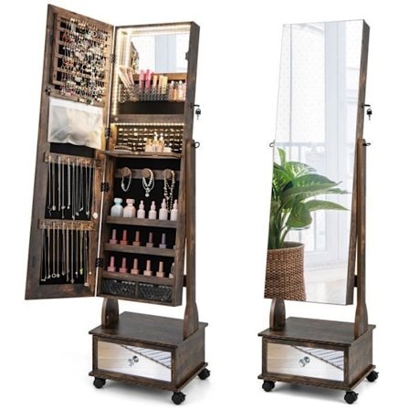 COSTWAY Fritstående smykkeskab - 4 låsehjul, spejl i fuld længde, LED-lys, skuffe, lås og nøgle - kaffe