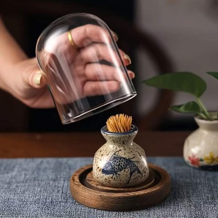 En keramisk tannpirkerholder med et gjennomsiktig lokk og trebase – en vintage, borddekorasjon i rustikk stil og keramisk tannpirkerfat.