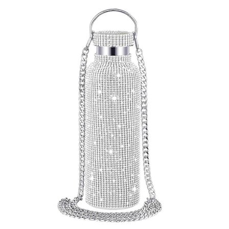 Bling Vannflaske Sølv Rhinestone Glitterflaske med Kjede Rhinestone-belagt Rustfritt Stål Flaske 500ml