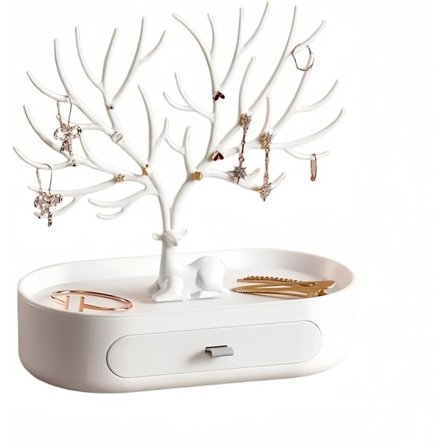 Hjortehorn Smykkesta stand med Skuffe, Smykke Træ til Øreringe, Halskæder, Armbånd og Ringe, Plastik, Sølvbelagt Håndtag (Hvid)