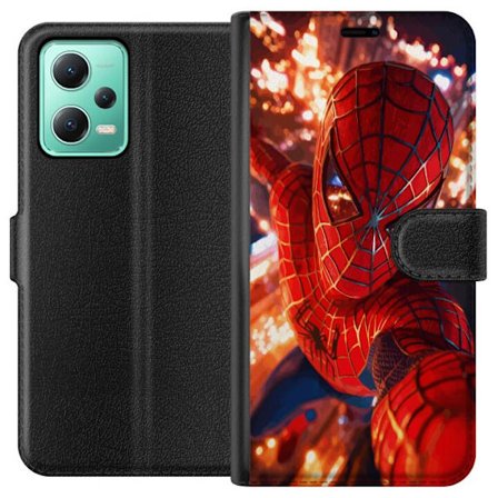 Yhteensopiva Lompakkokotelo Xiaomi Xiaomi Redmi Note 12 Spider Man intensiivisessä toiminnassa välkkyvien valojen ja dynaamisen perspektiivin kera e