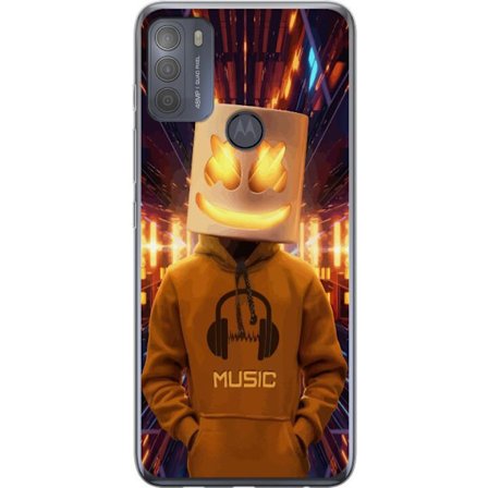 Kompatibelt Mobildeksel til Motorola Motorola Moto G50 DJ-figur med lysende hjelm og hette i futuristisk musikkmiljø med neonlys.