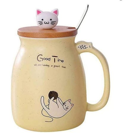 Kattemugg Søt Keramisk Kaffekopp, Nyhet Morgenkrus med Trelokk og Rustfritt Stål for Te, Melk, 450 ml_TF_TF
