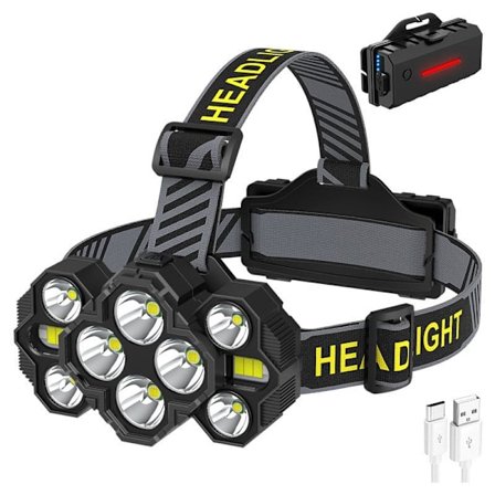 LED-hovedlampe, 10000 lumen genopladelig hovedlampe 10LED 10 tilstande IPX4 vandtæt 90° justerbar håndfri hovedlampe til camping, cykling, 