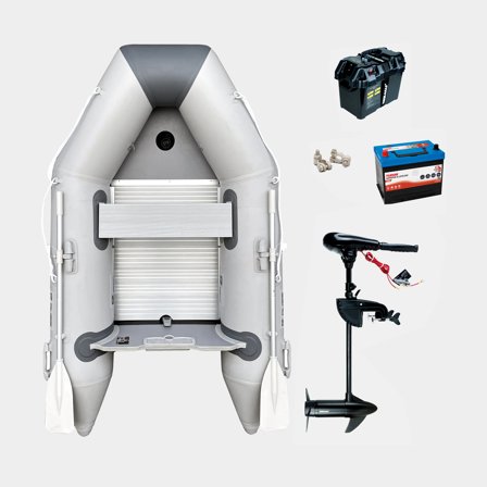 Bote inflable / balsa neumática con motor eléctrico RUBB 230 Pro, suelo de aluminio, gris + Neraus X 36, 348 W, 71 cm longitud de eje ajustable + 