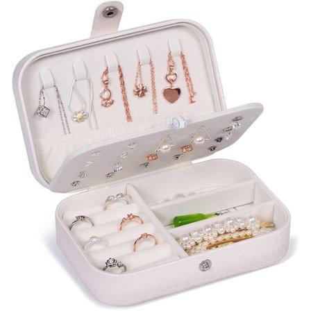 Liten smykkeskrin, bærbar reise-smykkeskrin for kvinner, smykkeorganisator for ringer, øredobber, armbånd og halskjeder, 16,5 x 11,5 x 5,5 cm, hvit