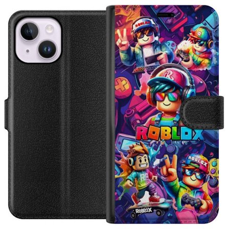 Kompatibelt Plånboksfodral till Apple Apple iPhone 15 Plus Färgstark Roblox-spelgrupp med hörlurar, kontroller och neonfärger perfekt för barn oc