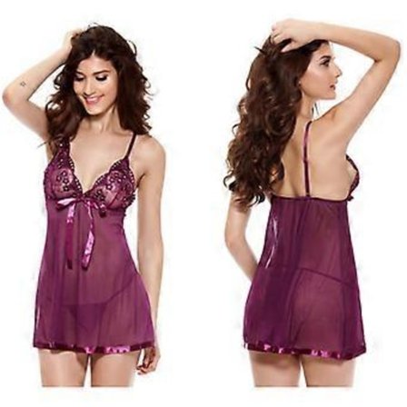 Dame Sexy Stropp Nattkjole Transparent Mesh Nattøy Pyjamas (XL Lilla)