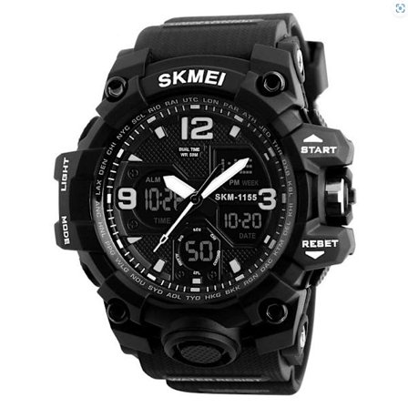 Sportsur til mænd LED Digital Elektronisk Stopur Stort Dobbelt Urskive Udendørs Armbåndsur 55mm Sort