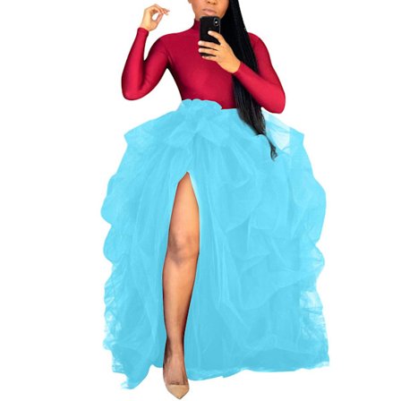 Damekjoler Tyll Langt Skjørt Høy Midje Ruffle Gulvlengde Bryllup Puffete Maxi Skjørt Dameskjørt