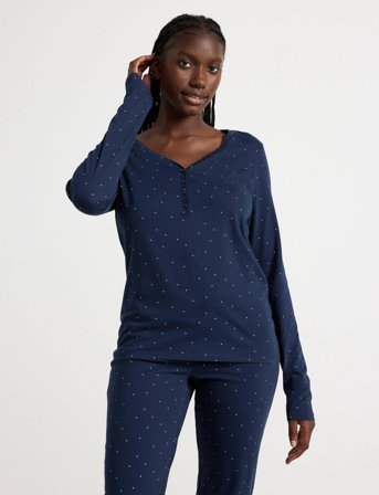 Lindex Henley Top Aop Dots - Navy - M