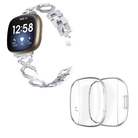 Fitbit Sense / Versa 3 X-formad klockrem med strassdekor och genomskinligt skydd - Silver