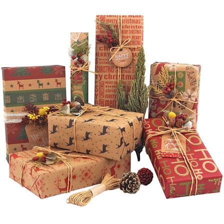 Julepapir, fremstillet af genbrugskraftpapir, 12 foldede ark 70x50cm med 6 vintage designs (bonus 10m jutegarn og 10 tags)