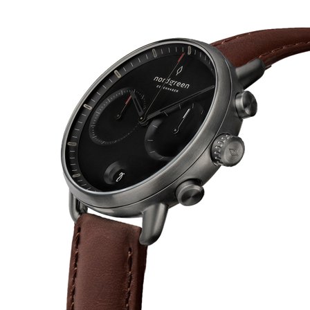Nordgreen Men's Scandinavian Wrist Watch - Silver Case - Black Dial - Dark Brown Leather Watch Strap Pioneer White Dial Chronograph