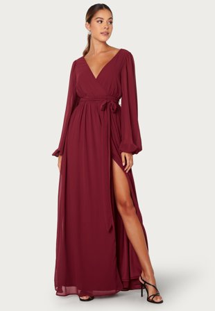 Goddiva - Long Sleeve Chiffon Dress - Berry - Kläder - - Bubbleroom