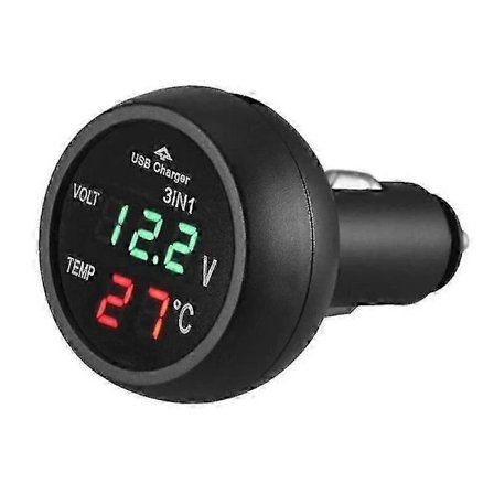 3-i-1 12/24V Bil Auto LED Digital Voltmeter Måler Termometer USB Oplader