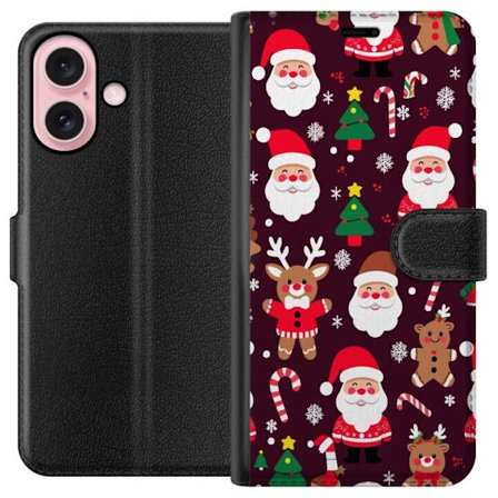 Kompatibelt Plånboksfodral till Apple Apple iPhone 16 julmönster med tomtar, renar och pepparkakor i tecknad vinterstil