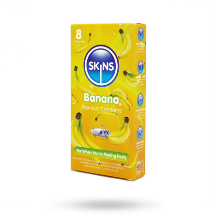 Skins Banana Condoms 8-pack - Vuxen.fi - Liukuvoiteet
