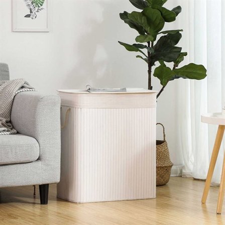 Vasketøjskurv i bambus med 2 rum og låg 100L - Hvid