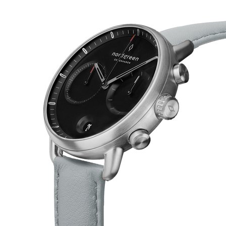 Nordgreen Men's Scandinavian Wrist Watch - Silver Case - Black Dial - Dove Grey Vegan Leather Watch Strap Pioneer White Dial Chronograph