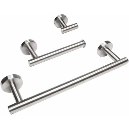Sæt med badeværelsestilbehør i rustfrit stål, 12" vægmonteret håndklædestang, toiletrulleholder, knage (sølv)
