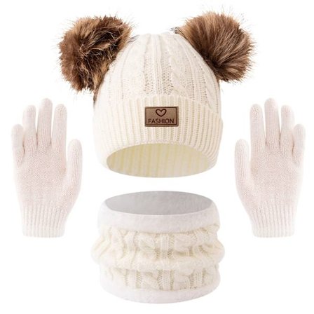Suloinen 3kpl talvihattu, hansikkaat ja huivisetti lapsille 3-12v - paksu neulottu villainen lippalakki Pom-Pomilla